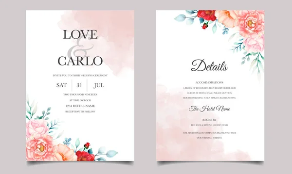 Luxus Esküvői Meghívó Kártya Sablon Készlet Gyönyörű Akvarell Virágos — Stock Vector