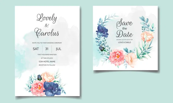 Modelo Cartão Convite Casamento Luxo Definido Com Bela Aquarela Floral — Vetor de Stock