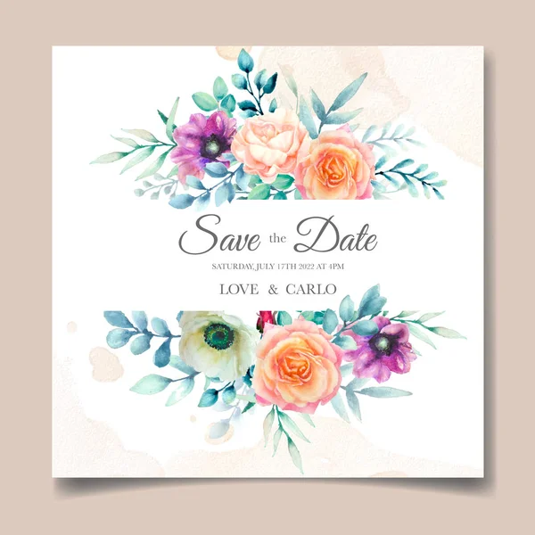 美しい水彩の花で設定された豪華な結婚式の招待状カードテンプレート — ストックベクタ