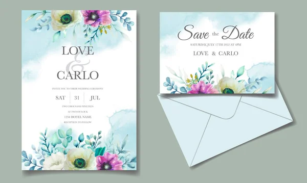 Modelo Cartão Convite Casamento Luxo Definido Com Bela Aquarela Floral — Vetor de Stock