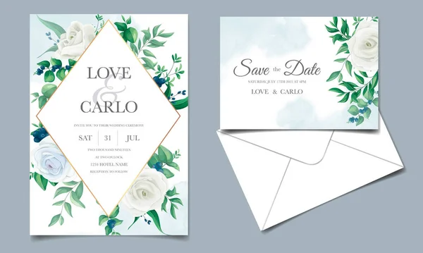Esküvői Meghívó Gyönyörű Rózsákkal Zöld Levelek Áfonya — Stock Vector