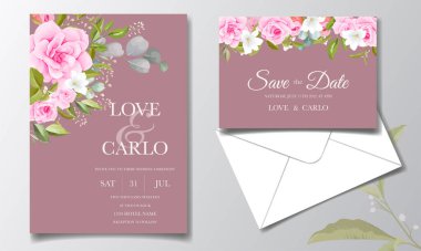 Yumuşak pembe çiçek çerçeveli ve sınır dekorasyonlu güzel bir düğün davetiyesi şablonu