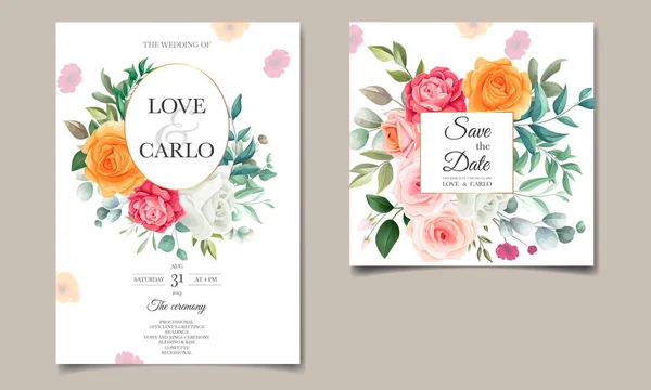Floral Γαμήλια Πρόσκληση Πρότυπο Που Όμορφο Λουλούδι Και Φύλλα Διακόσμηση — Διανυσματικό Αρχείο
