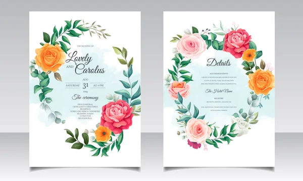 Florale Hochzeitseinladungsvorlage Set Mit Schöner Dekoration Aus Blumen Und Blättern — Stockvektor