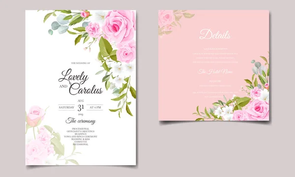 Modelo Convite Casamento Bonito Definido Com Moldura Floral Rosa Macia — Vetor de Stock