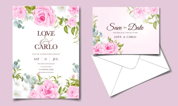 Όμορφη Πρόσκληση Γάμου Πρότυπο Που Μαλακό Ροζ Floral Πλαίσιο Και — Διανυσματικό Αρχείο