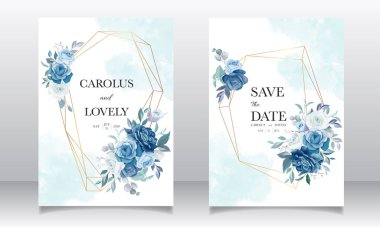 Mavi düğün davetiye şablonu güzel bir çiçek çerçevesi ve sınır dekorasyonuyla ayarlandı