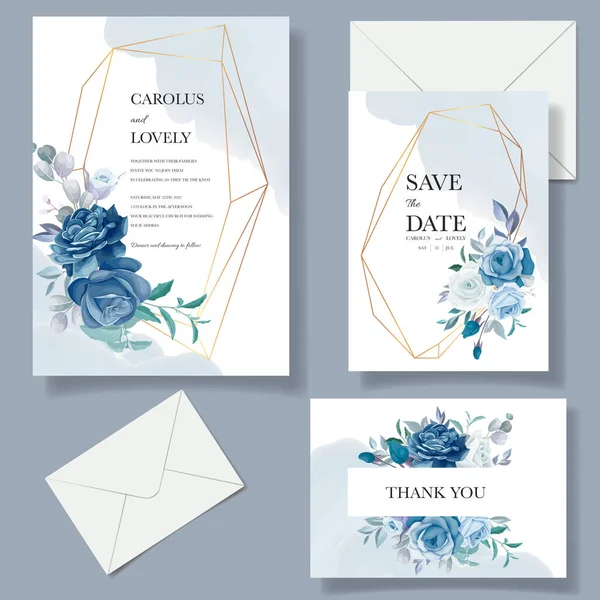 Blue Wedding Invitation Template Set Beautiful Floral Frame Border Decoration — Stock Vector