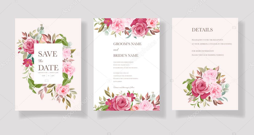 Wedding invitation card template set with beautiful floral decorations