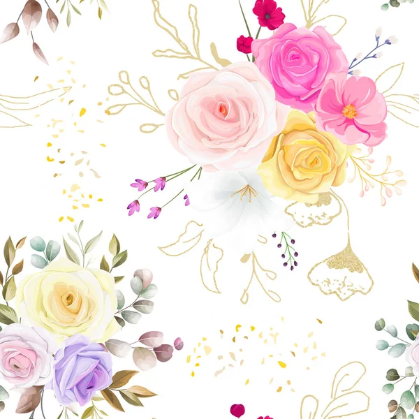 シームレスなパターン美しい花と葉のデザイン — ストックベクタ