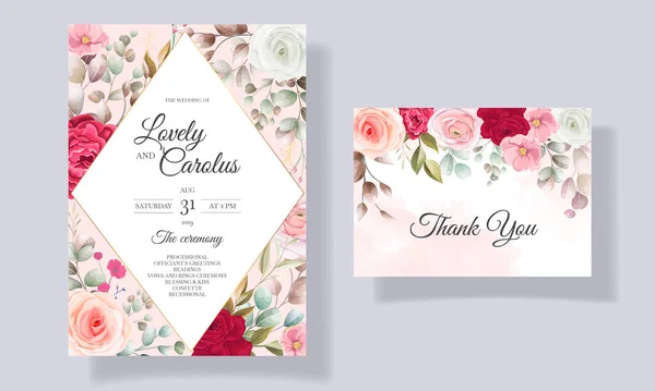 Vackra Blommor Och Lämnar Bröllop Inbjudan Kort — Stock vektor