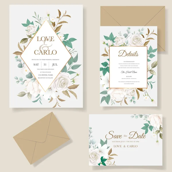 Gyönyörű Virág Levelek Esküvői Meghívó Kártya — Stock Vector