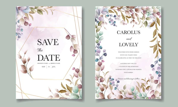 Елегантний Набір Весільних Запрошень Красивою Фіолетовою Квіткою — стоковий вектор