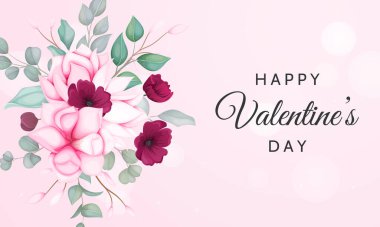 Güzel çiçeklerle dolu Sevgililer Günü tebrik kartı.