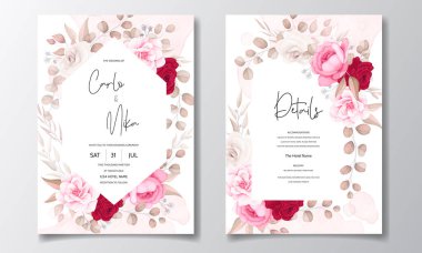 Güzel el çizimi düğün davetiyesi kestane rengi çiçek tasarımı