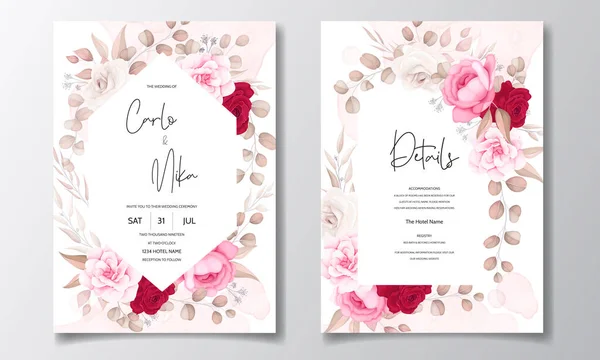 Όμορφη Ζωγραφιά Στο Χέρι Πρόσκληση Γάμου Maroon Floral Design — Διανυσματικό Αρχείο