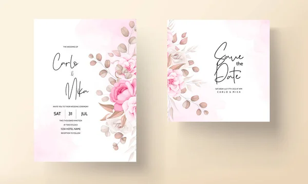 Hermosa Plantilla Invitación Boda Floral Melocotón Suave Marrón — Vector de stock