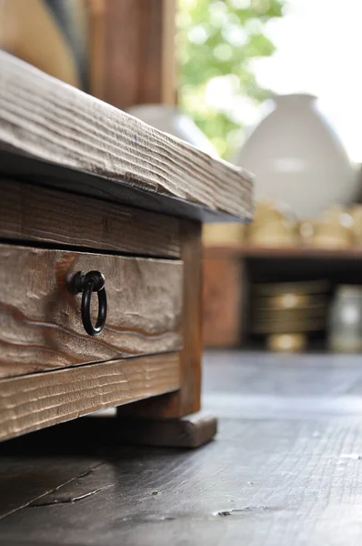 Hidden Drawer Traditional Timber Table Soft Wooden Texture Sunny Afternoon Stock Photo