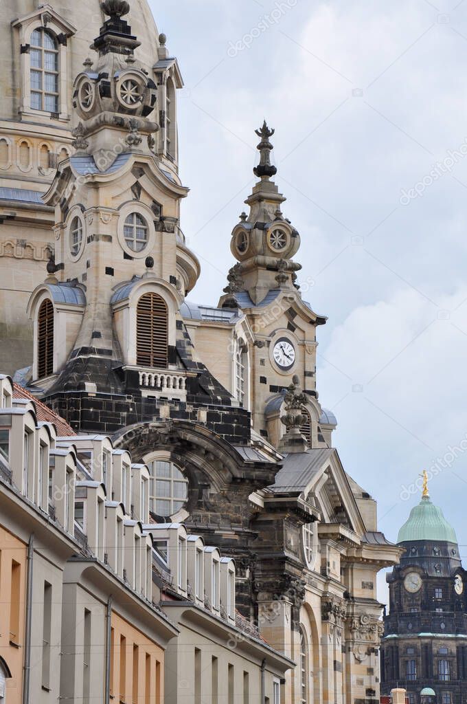 Facade of Dresdens recobuilt baroque Frauenkirche - catholic church of the lady, within it's old town district.