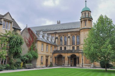 View of T. G. Jackson chapel from Hertford College Old Quad, Oxford, United Kingdom. Overcast Sky.
