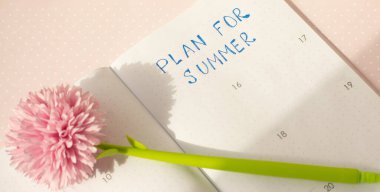 Pembe arka planda bir defter çiçek şeklinde bir kalem ve yazıt - yaz için plan.