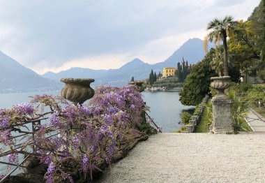 02 Nisan 2019 Varenna, İtalya: Villa Manastırı ve Como Gölü 'nün arka planında çiçek açan salkımlar.
