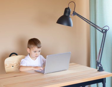 Küçük çocuk bilgisayarın başına oturur ve monitöre dikkatlice bakar. Uzaklık eğitimi kavramı.