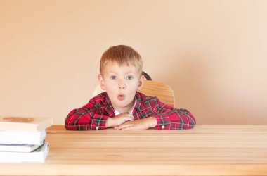 Şirin küçük çocuk masada oturuyor. Şaşırdı ve gözlerini açtı. Okul konseptine dönelim.