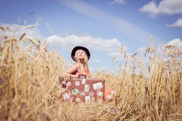 Porträt der schönen jungen Dame mit Koffer auf Landschaft im Freien Hintergrund — Stockfoto