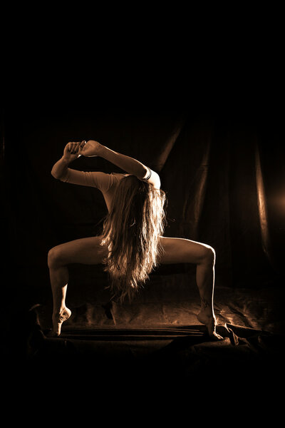 Silhouette of beautiful woman in dancing pose on dark background. Sepia photography