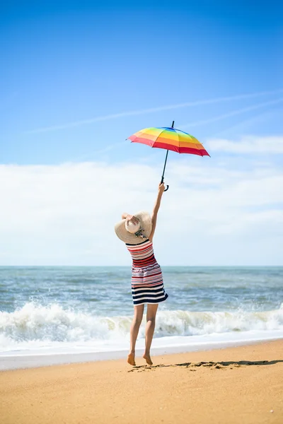 Excited happy female having fun on beach walk on sunny outdoors background — Stock Photo, Image