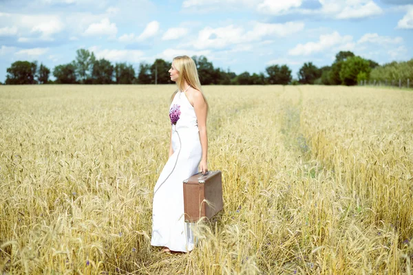 Menina Bonita Com Mala Paisagem Rural Céu Azul Livre Fundo — Fotografia de Stock