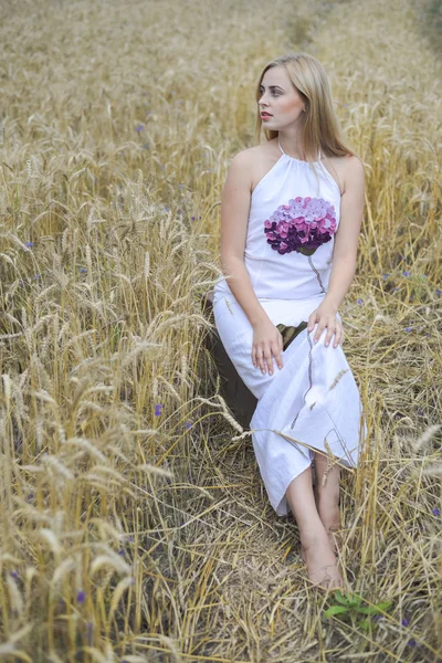 Hermosa joven en vestido blanco, fondo de campo de trigo — Foto de Stock
