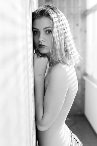 Fotografía en blanco y negro de hermosa mujer sensualmente buscando, fondo de sombra soleado . —  Fotos de Stock