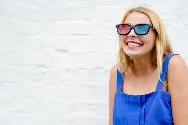 Exciting beautiful young woman watching movie with 3D glasses, joyful looking forward. portrait closeup — 图库照片