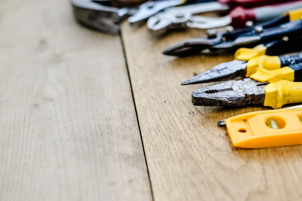 Nahaufnahme Flache Lage Von Werkzeugen Auf Einer Hölzernen Oberflächenstruktur — Stockfoto