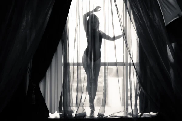 Black and white portrait of sexy beautiful young lady relaxing over light window background — Stock Photo, Image