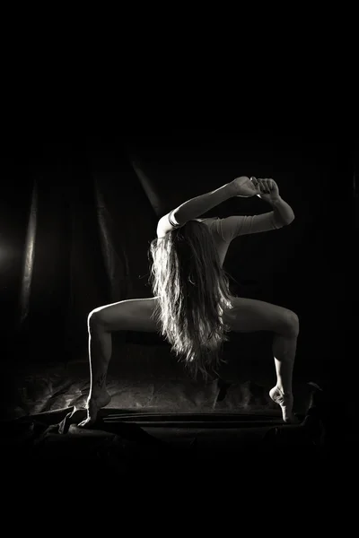 黒い背景にポーズをダンスで美しい女性の影絵 — ストック写真