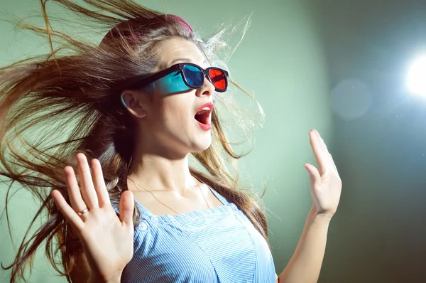 Girl in 3d glasses scared — Stock Photo, Image