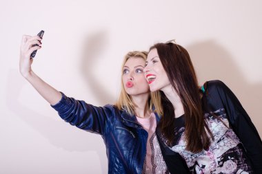 2 genç çekici çok güzel kadınlar mutlu dostu sarılma ve selfie hafif kopya alan arka plan üzerinde yapma eğlence gülümseyen portresi