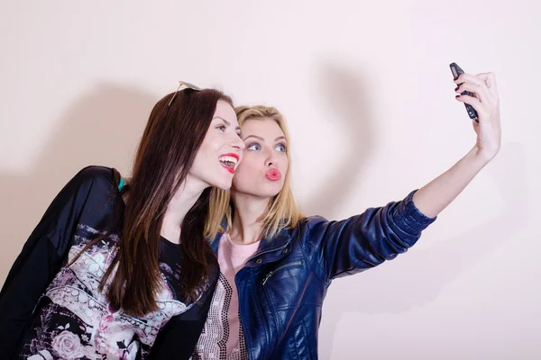 Immagine di 2 giovani donne adorabili felici sorridenti divertirsi amichevole abbracci e fare selfie su sfondo chiaro copia spazio — Foto Stock