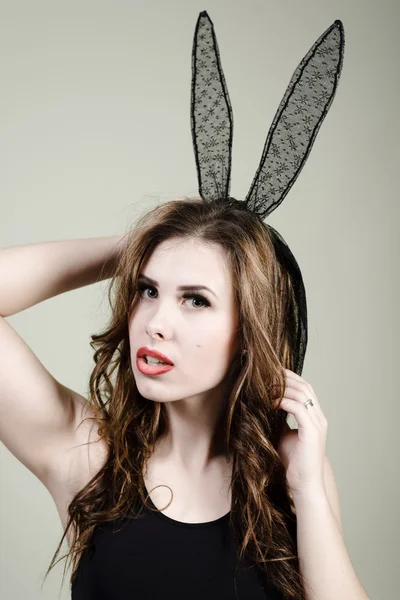 Portrait of sexy mysterious young pretty lady and bunny ears mask — Stock Photo, Image