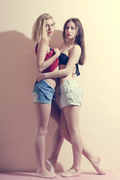 Picture of 2 fashion sexy romantic beautiful girls in jeans shorts having fun and good time hugging each other on light background copy space — Zdjęcie stockowe