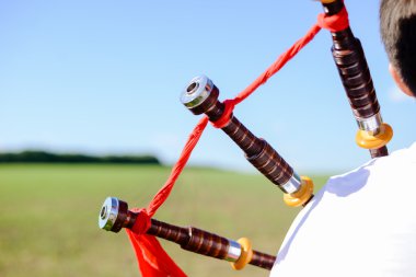 Genç adam borular açık havada yeşil yaz üzerinde kopya alanı artalanda portre resmi  