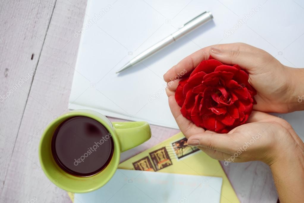 Hands holding rose flower surrounded with coffee cup, pen and paper over white wooden texture background, close up picture 