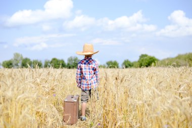 Boy in straw cowboy hat standing in golden wheat field