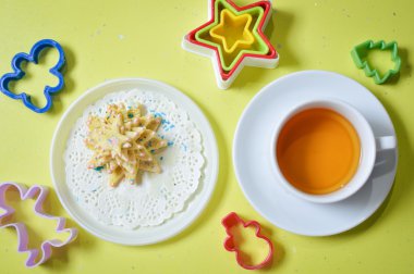 Closeup picture of cookies on white plate with molds and cup of tea