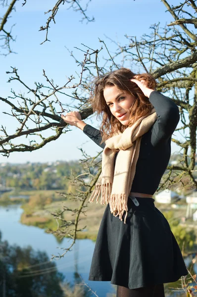 Woman wearing beige scarf holding branch in sunny autumn countryside — Stock Photo, Image