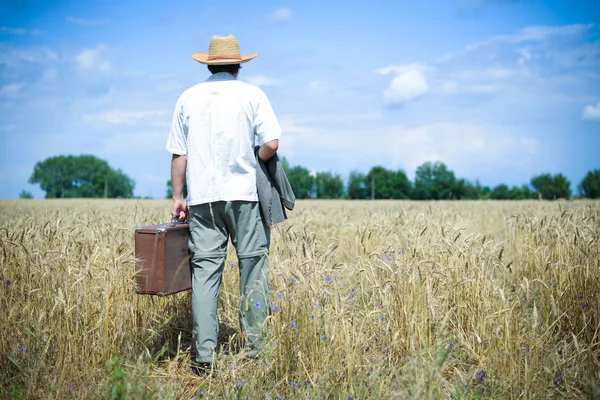 Man wearing hat with suitcase walking away through wheat field — Zdjęcie stockowe