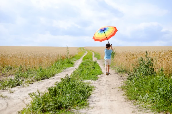 Boy holding rainbow umbrella standing on wide road between wheat — Stock fotografie